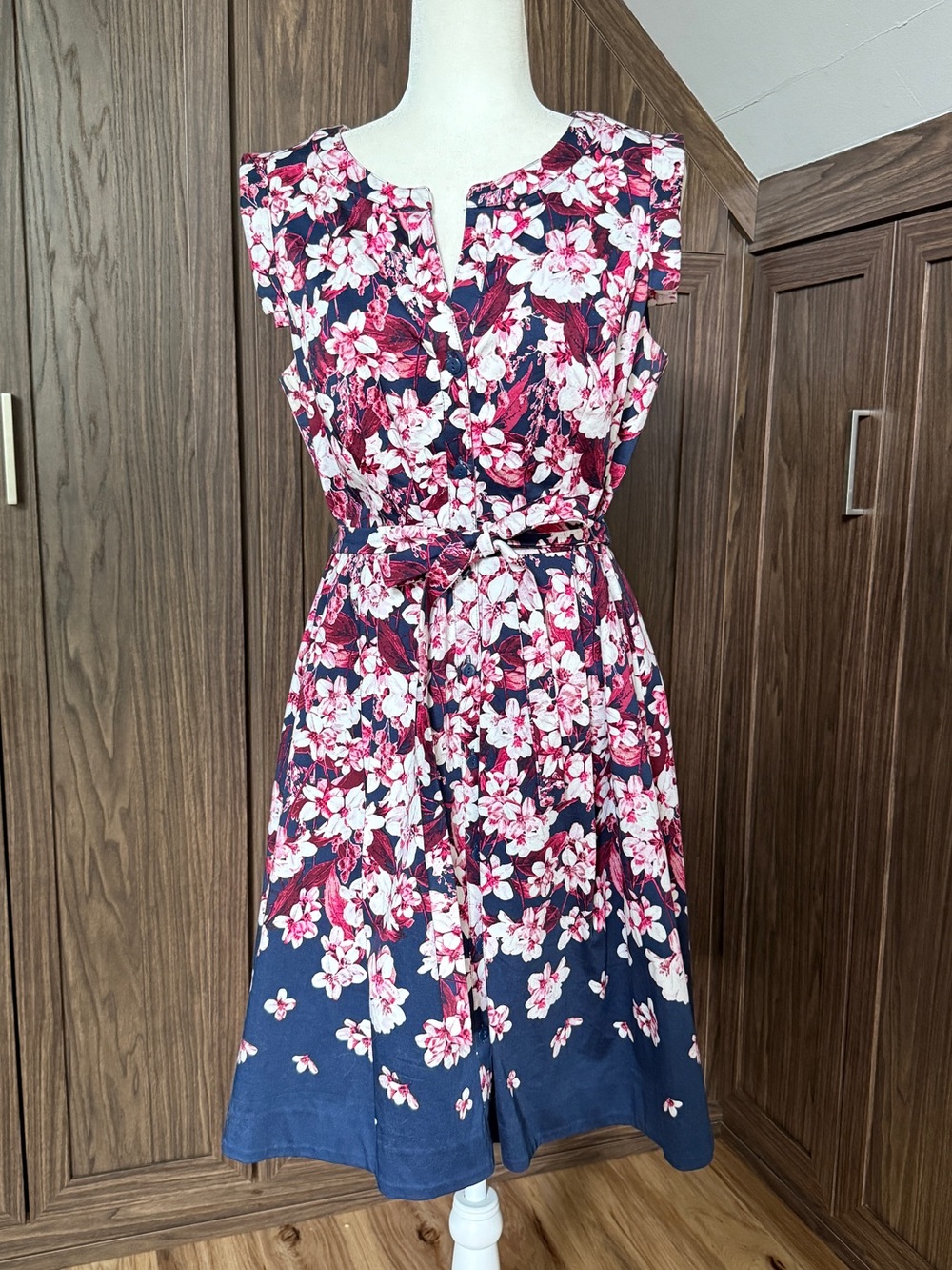 Adrianna Papell Navy Floral Midi Dress with Pink Blossoms